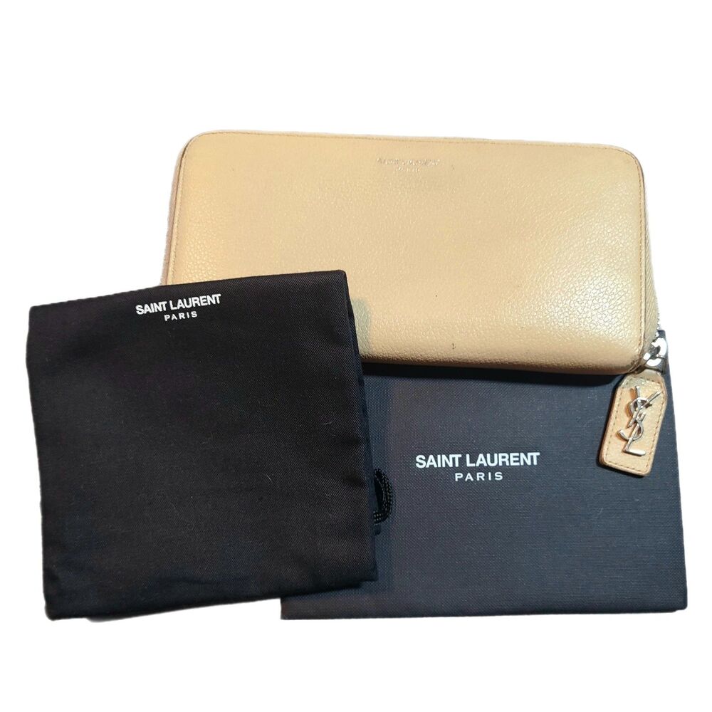 Saint Laurent (Authentic) Nude Beige Leather YSL Zip‑Around Long Wallet w/ Box